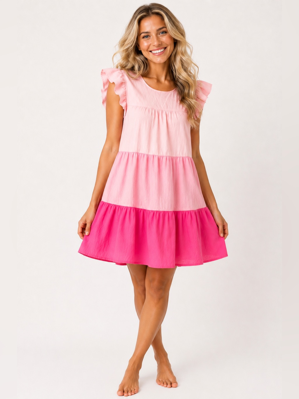 J.Crew Pink Colorblock Linen Dress Ruffle Sleeve Tiered 8 Preppy Quiet Luxury